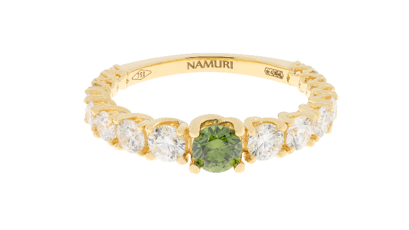 Anello degradè 30 oro giallo centrale e diamanti fancy verde