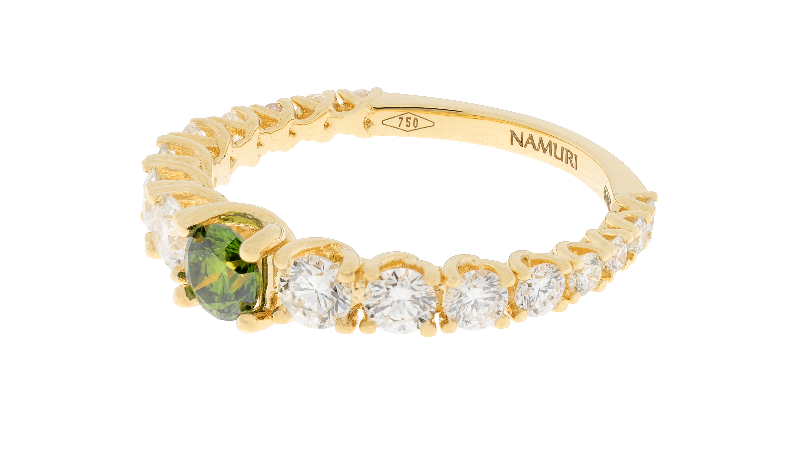 Anello degradè 30 oro giallo centrale e diamanti fancy verde