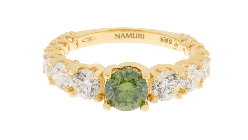 Anello degradè 70 oro giallo centrale e diamanti fancy verde