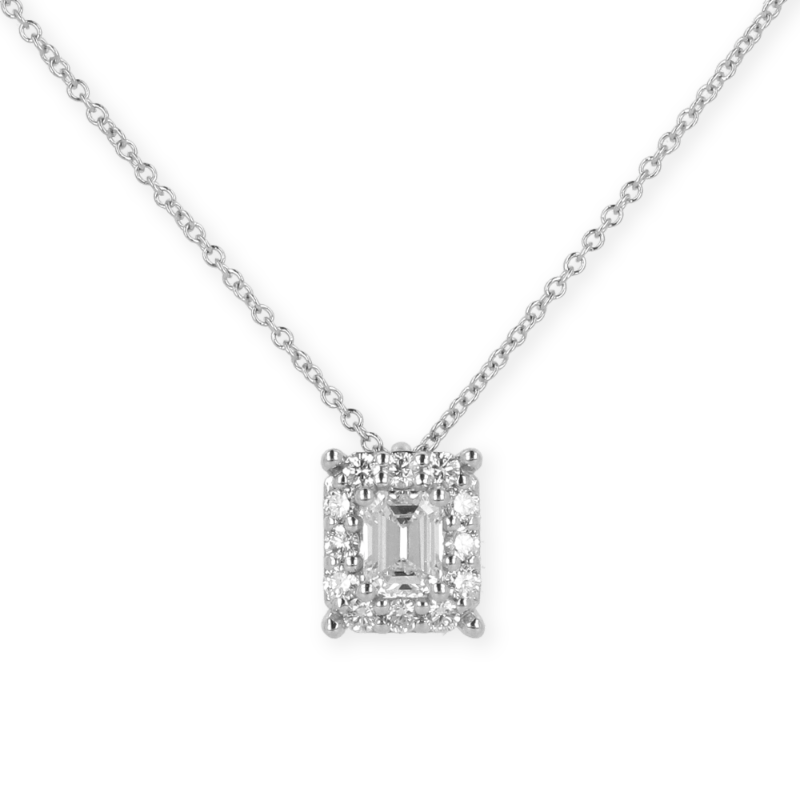 Pendente grande oro bianco e diamanti con centrale emerald cut