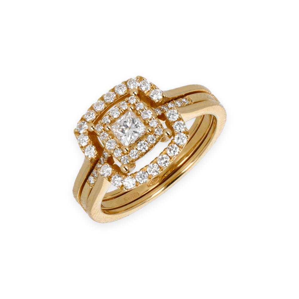 Anello Doppio Contorno Oro Giallo con Diamanti Round e Princess Cut