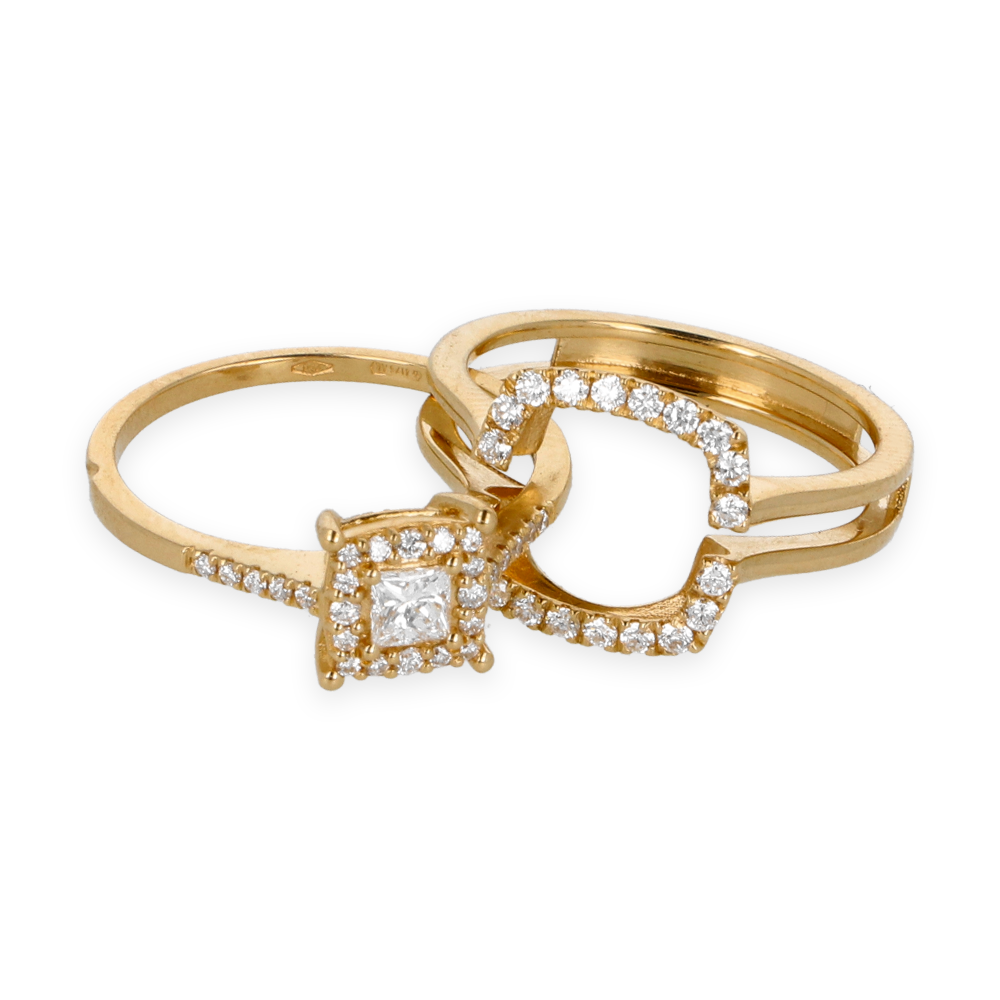 Anello Doppio Contorno Oro Giallo con Diamanti Round e Princess Cut