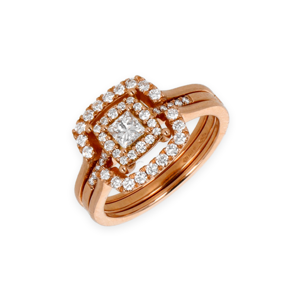 Anello Doppio Contorno Oro Rosa con Diamanti Round e Princess Cut