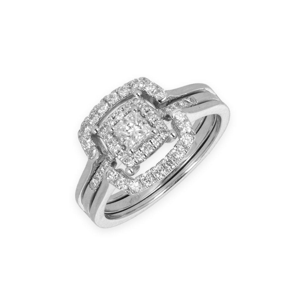 Anello Doppio Contorno Oro Bianco con Diamanti Round e Princess Cut