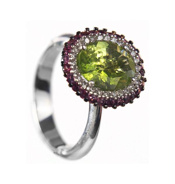 Anello Doppio Contorno Oro 18K e Diamanti con Peridoto e Rodolite - Namuri - Il nostro modo di dire amore