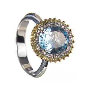 Anello Doppio Contorno Oro 18K e Diamanti con Topazio Azzurro e Peridoto - Namuri - Il nostro modo di dire amore